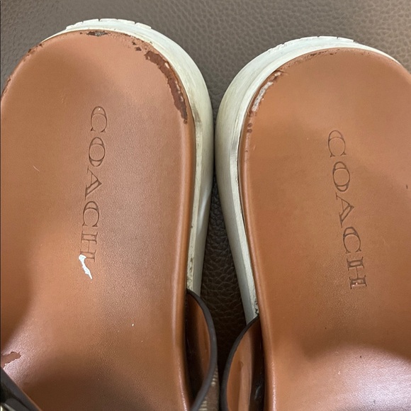 Coach Brown Signature Canvas Double-Strap Slide Sandals with Gold Buckles - Picture 3 of 7